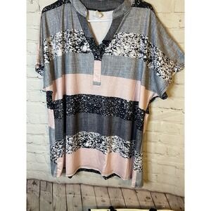 Women's 3XL blue, pink, cream stripe short sleeve round neck top blouse